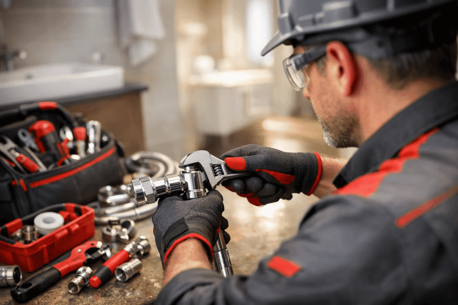 Plumber wearing gloves and safety gear tightening pipe fitting at residential plumbing site