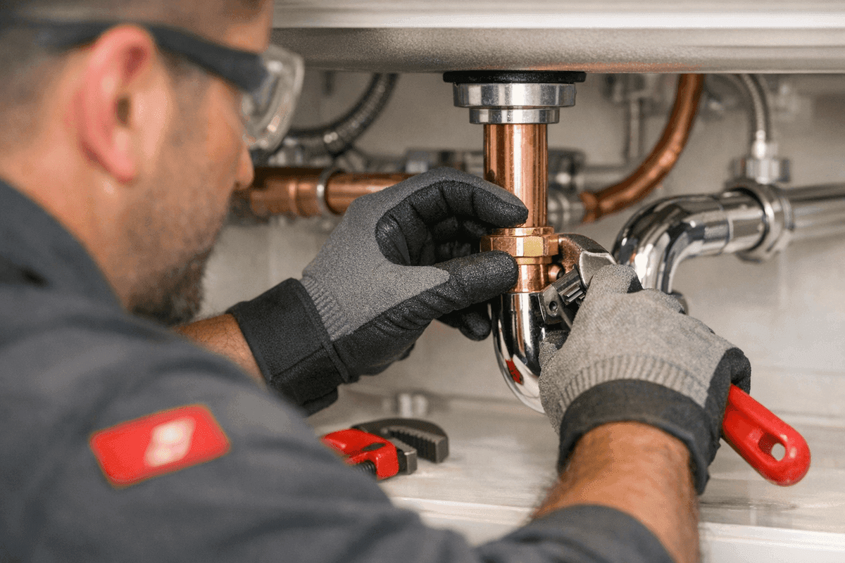 Gloved plumber adjusting copper pipe fitting under sink in clean plumbing worksce